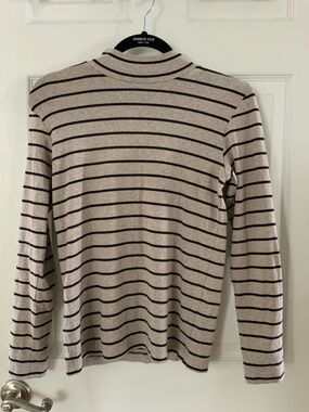 Classic Striped Cotton Mock Neck Long Sleeve Top in beige and black